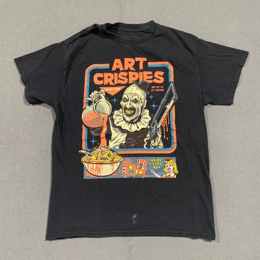 Terrifier Art the Clown Art Crispies Cereal Parody Graphic T-Shirt Mens Medium *
